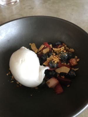 Coconut sorbet with honeycomb and local berries  at Aloft in Hobart