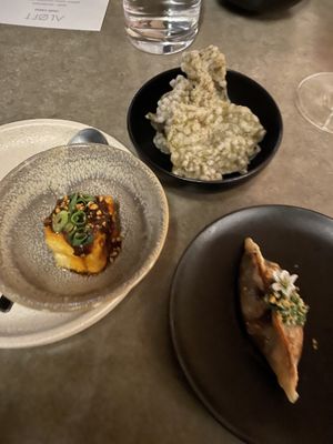 Silken tofu, nori chips, woodear mushroom dumpling. First course was delish! at Aloft in Hobart