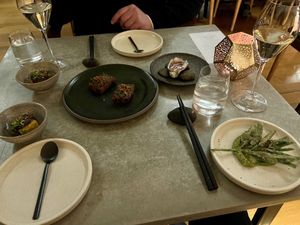 tempura saltbush + green goddess
silken tofu + sichuan
turnip cake + black vinaigrette  at Aloft in Hobart