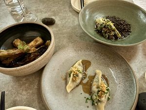 lentils, alium + sesame
wood ear mushroom dumpling + kunzea gastrique crispy chilli eggplant  at Aloft in Hobart