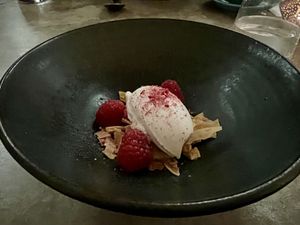 coconut, honeycomb, rhubarb + raspberry nb there was no honey used in the honeycomb   at Aloft in Hobart