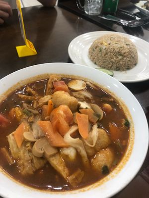 Tom yum mee soup and seafood fried rice  at Gaya Vegetarian in Kota Kinabalu