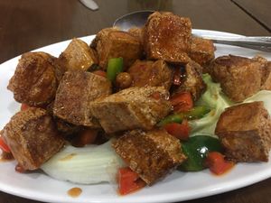 Braised tofu with soy sauce  at Gaya Vegetarian in Kota Kinabalu