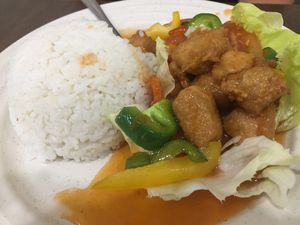 Sweet and sour pork style with rice  at Gaya Vegetarian in Kota Kinabalu