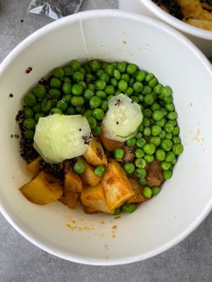 SuperBowl
A warm Asian styled poke bowl of jumbo white flower mushrooms, garbanzo, baby peas, quinoa, unpolished black, red & brown whole grain rice and roast potatoes tossed in s at EAT21 in Petaling Jaya