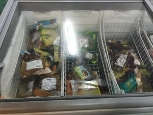 they have a freezer case with mock meats at Raan Midr J - ร้าน มิตรเจ in Udon Thani