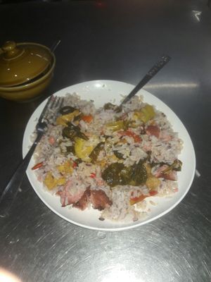 Rice, veggies and some mockmeat at Raan Midr J - ร้าน มิตรเจ in Udon Thani