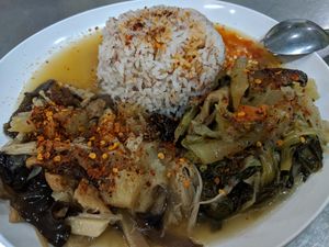 2 choices from the buffet with rice and spice at Raan Midr J - ร้าน มิตรเจ in Udon Thani