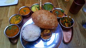 This is a signature dish, the main course of a thali. Vegan & delicious! at Herb Restaurant in Leicester