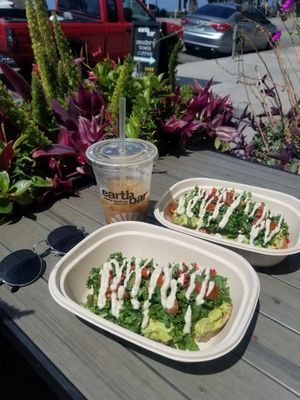 Vegan avocado toast with tomatoes and cashew cream. They also added little red balls, i have no idea what they are but didn't like them at all .... but other then that it was so go at Earthbar - Ocean Ave in Santa Monica