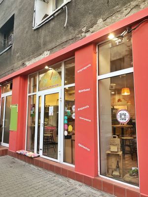 Outside the restaurant  at Edgy Veggy in Sofia