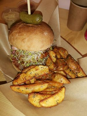 Tempeh burger🍔 with potato fries🍟 at Edgy Veggy in Sofia