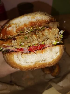 The inside of the tempeh burger. Soft, juicy & tasty burger combo at Edgy Veggy in Sofia