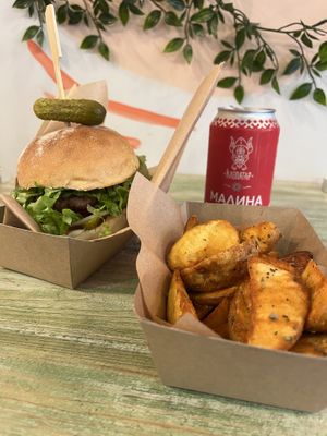 Whopper style burger, chips and drink   at Edgy Veggy in Sofia