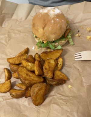 Burger and fries  at Edgy Veggy in Sofia