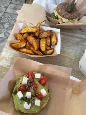 there were two avocado toasts (I couldn‘t wait) & the fries are amazing.   at Edgy Veggy in Sofia