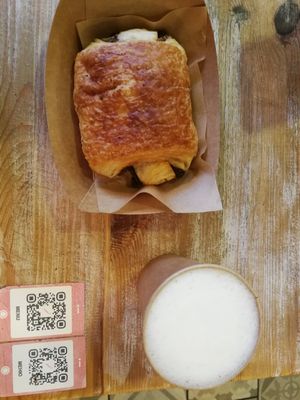 Pain au chocolat and Cappuccino (with oat milk) at Edgy Veggy in Sofia