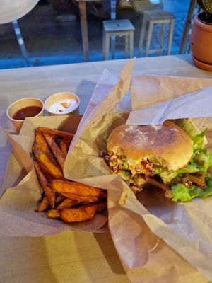 Pulled tempeh burger with sweet potato fries and ketchup, mayo at Edgy Veggy in Sofia