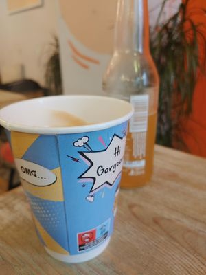 Coffe in disposable cup at Edgy Veggy in Sofia