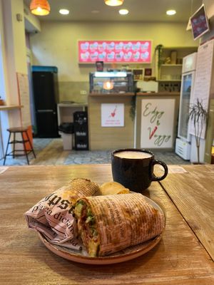 Donerrito with a latte. at Edgy Veggy in Sofia