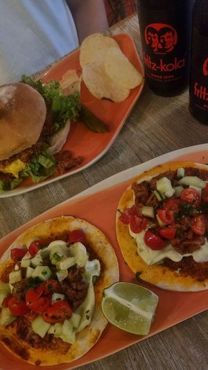 Pulled "pork" tacos and big mac burger (beyond meat patty) at Edgy Veggy in Sofia