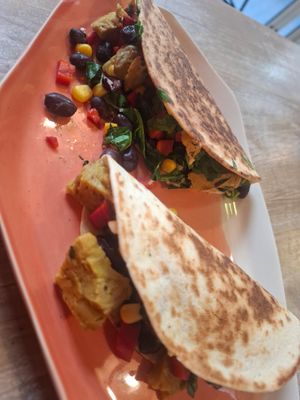 Bean quesadillas with added seitan at Edgy Veggy in Sofia