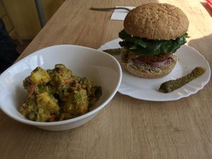 Lentil burger and daily salad  at Edgy Veggy in Sofia
