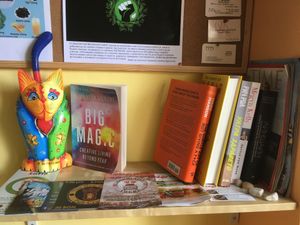 Cute book corner at Edgy Veggy in Sofia