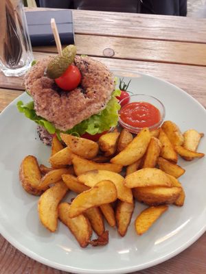 Burger with fries - plate costs 6 EUR. at Edgy Veggy in Sofia