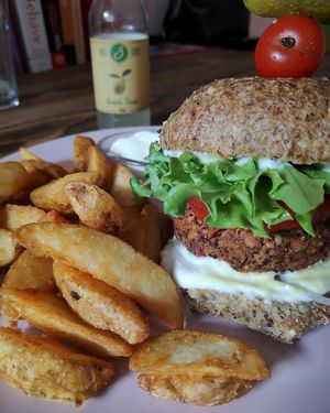 veggy burger with homemade gluten-free bun, quinoa patty and veggies.  at Edgy Veggy in Sofia