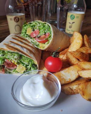 tempeh burrito with veggies and seeds  at Edgy Veggy in Sofia