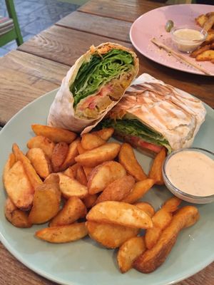 Seitan burrito and wedges at Edgy Veggy in Sofia