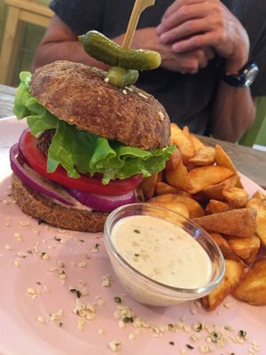 Burger and wedges at Edgy Veggy in Sofia