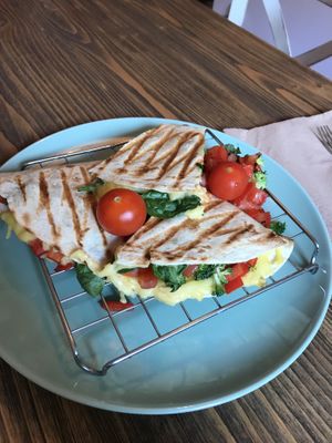 Quesadilla with vegan cheese, tomatoes, red bell peppers, spinach, broccoli. 9.5 BGN/ €4.86/ $5.53 at Edgy Veggy in Sofia
