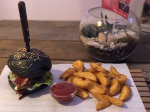 Burger and fries  at Edgy Veggy in Sofia