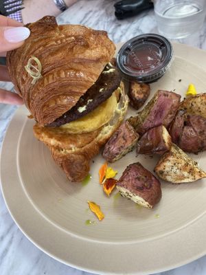 Egg sausage and potato patty  at L'Artisane Creative Bakery in Coral Gables