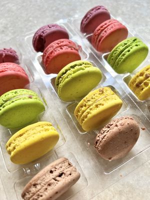 Vegan French Macaron Box, delivered to my door. Cassis-dark chocolate, strawberry-rose ganache, pistachio, lemon and salted caramel ganache.  at L'Artisane Creative Bakery in Coral Gables