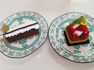 Brownie and strawberry tart with coconut whip at L'Artisane Creative Bakery in Coral Gables