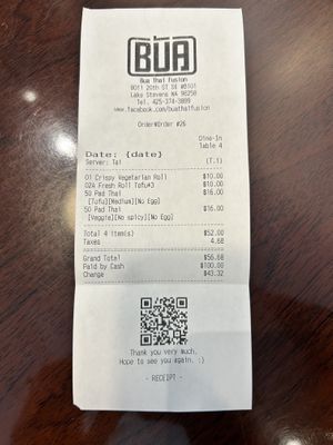 Receipt - all vegan options here   at Bua Thai in Lake Stevens