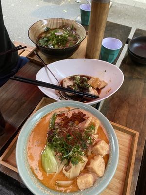 Vegan tantan ramen (in foreground) and agedashi tofu. Background is non-vegetarian ramen  at O'Uchi in Sydney