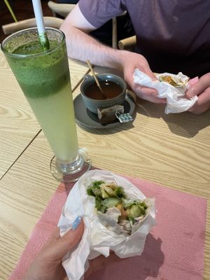 Forgot to take a photo cause it was so goood! Falafel bazookas, lemongrass ginger tea and lemon-mint juice 🫶🏻  at Falafel Penang in Penang