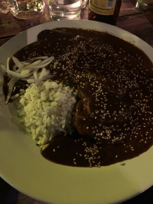 Mole with rice and soy meat at El Apapacho in Merida