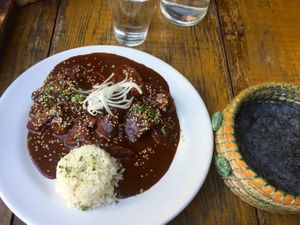 This is the Soya Steaks with Rojo Mole!
I wasn’t too keen on the texture of the soya steak, but the mole was amazing !  at El Apapacho in Merida