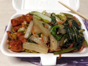 Takeout packet of kway teow with dishes like petai and sweet potato leaves.  This packet costs SGD$3.30 only. at Fu Kang 富康素食轩 - Yishun in North Singapore
