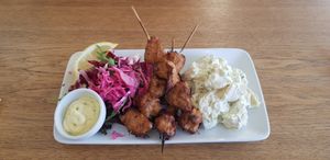 Skewers with potato salad (vegan) at Goodstore - Asogatan in Stockholm