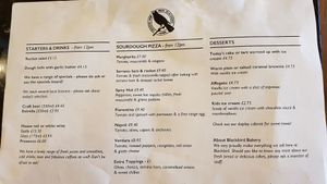 Menu at Blackbird Bakery in South West London