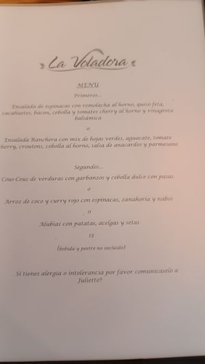 Menu at La Voladora in Alicante