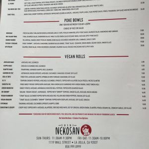 vegan menu  at Sushi Nekosan in La Jolla
