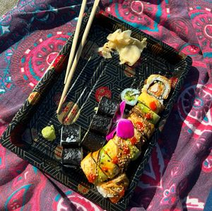 dragon roll and cucumber avocado maki  at Sushi Nekosan in La Jolla