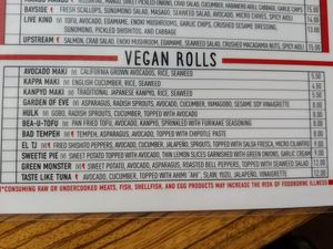 Vegan sushi roll menu at Sushi Nekosan in La Jolla